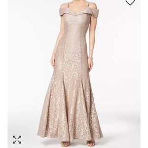 Off-the-shoulder cap sleeve sweetheart lace gown. Champagne color.